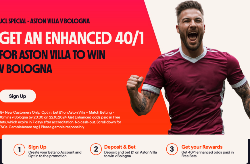 Betano Sign-Up Offer: Get An Enhanced 40/1 For Aston Villa To Win v Bologna